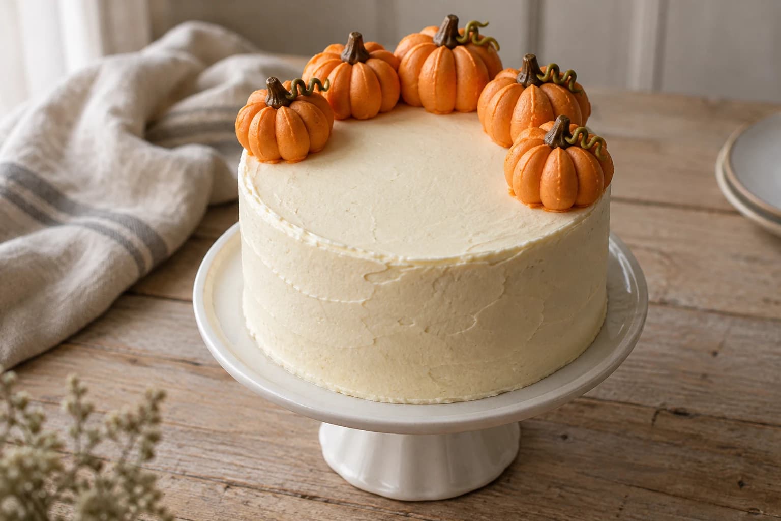 Ivory round cake with five orange buttercream pumpkins, brown piped stems and small olive-green curls arranged around the back of the top.