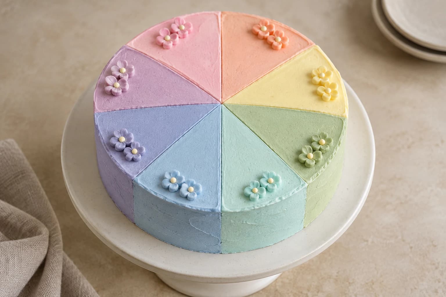 Original concept of a round cake divided into eight equal pastel wedge sectors with tiny edible flowers; no lettering in the hero.