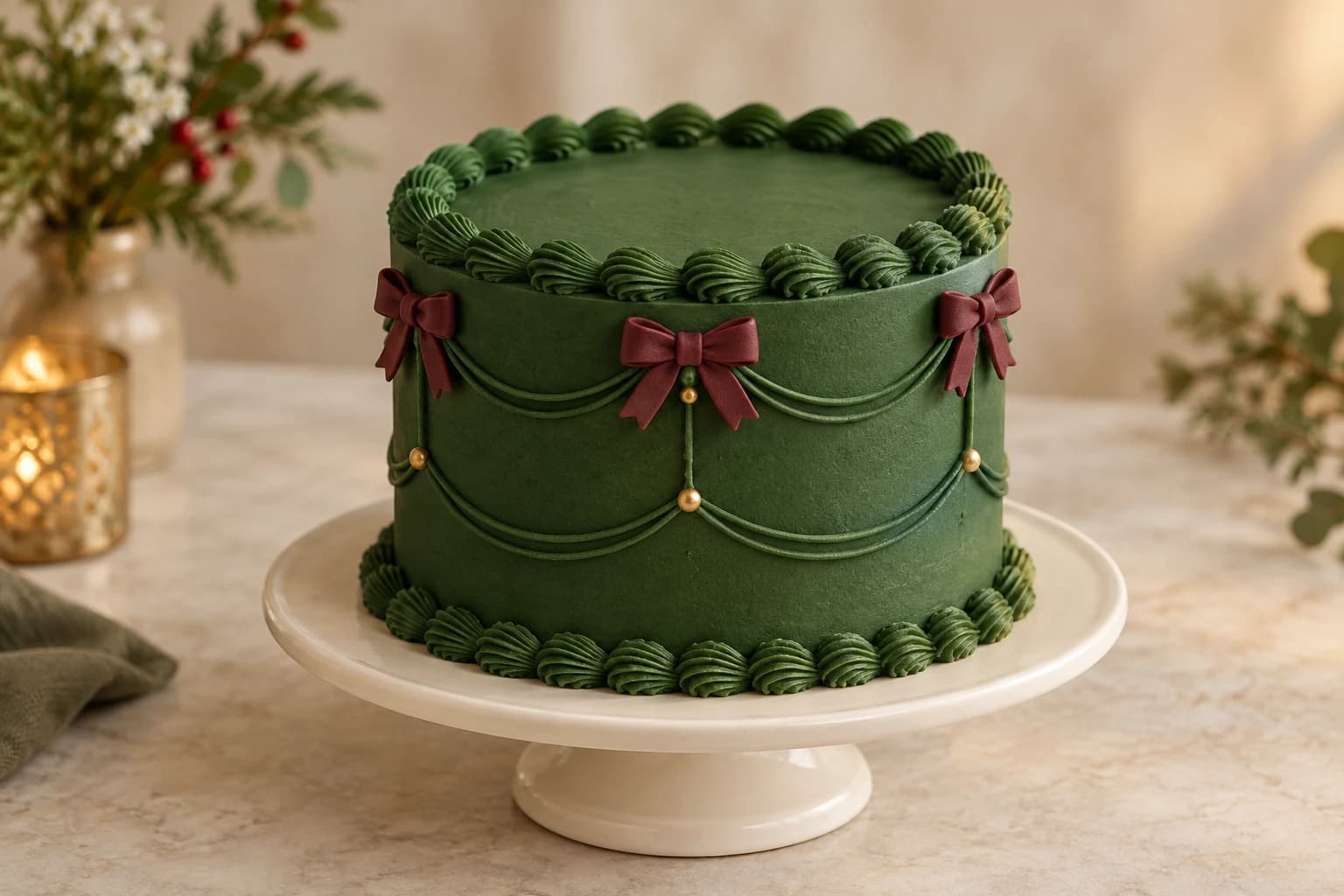 AI-generated concept of a single forest-green cylinder cake with matching shell borders, two swag rows, gold sugar pearls and burgundy modeled bows.
