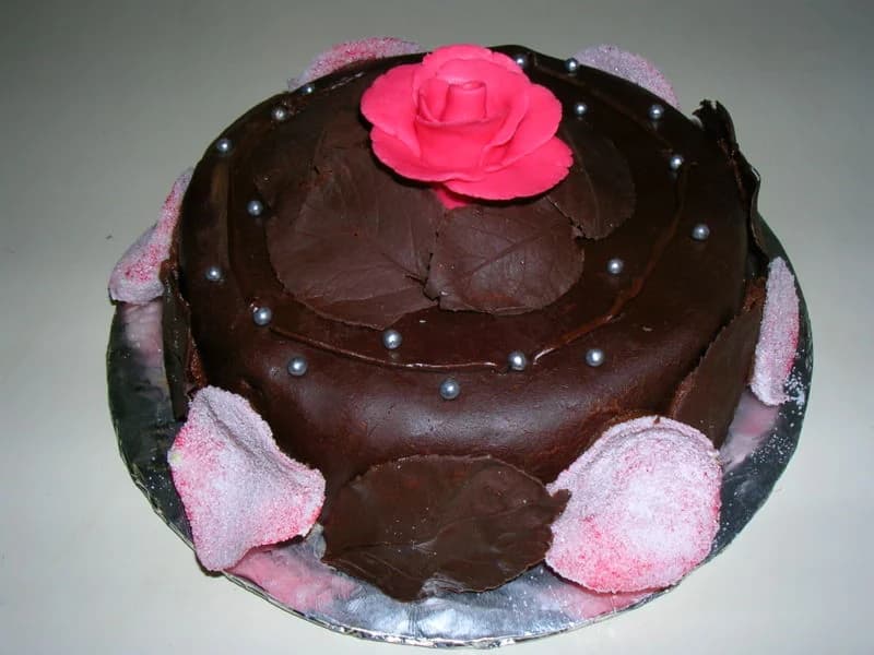 Dark chocolate cake decorated with a pink rose and chocolate leaves