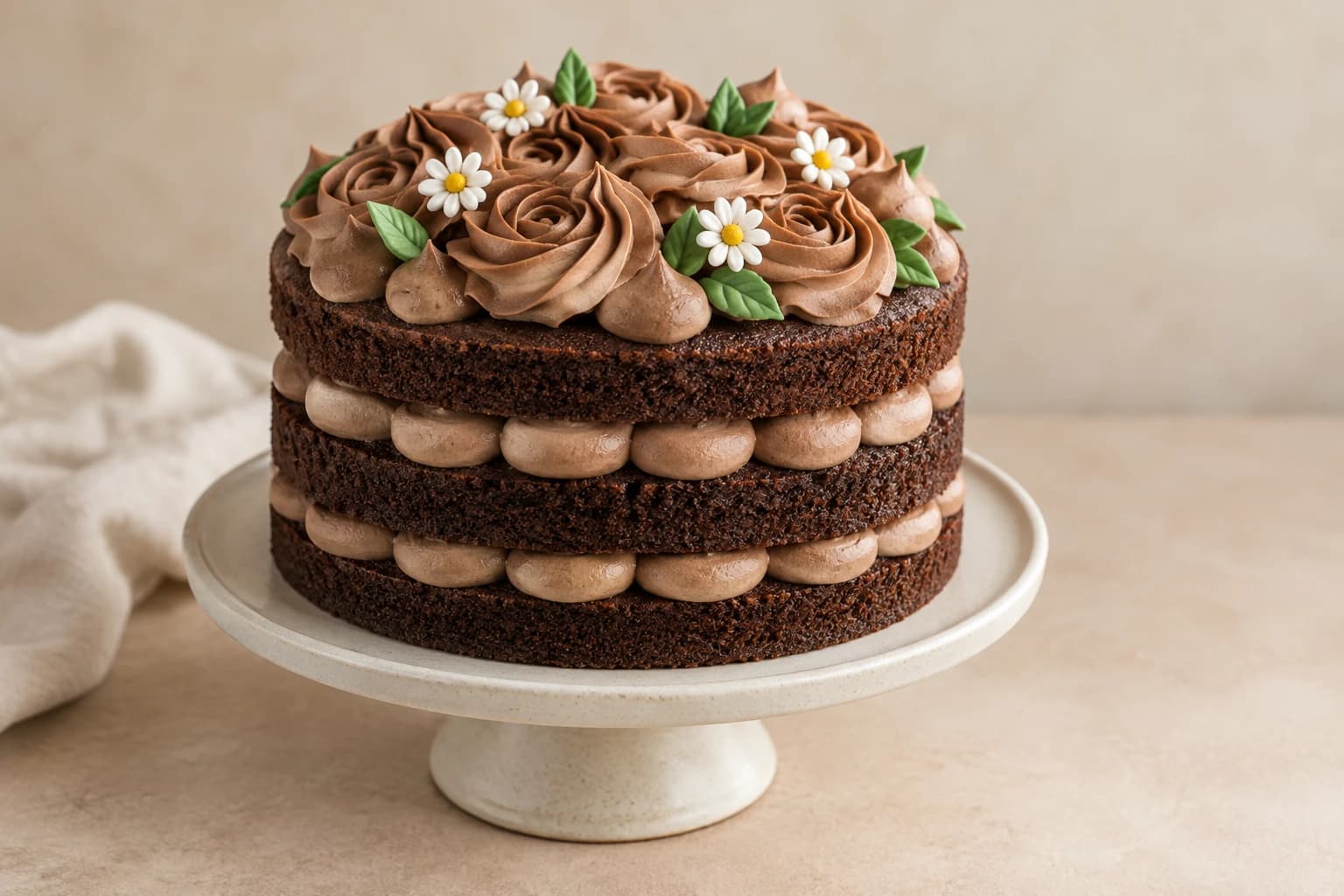 Original concept of three exposed chocolate cake layers with light cocoa frosting dollops and edible daisy decorations.