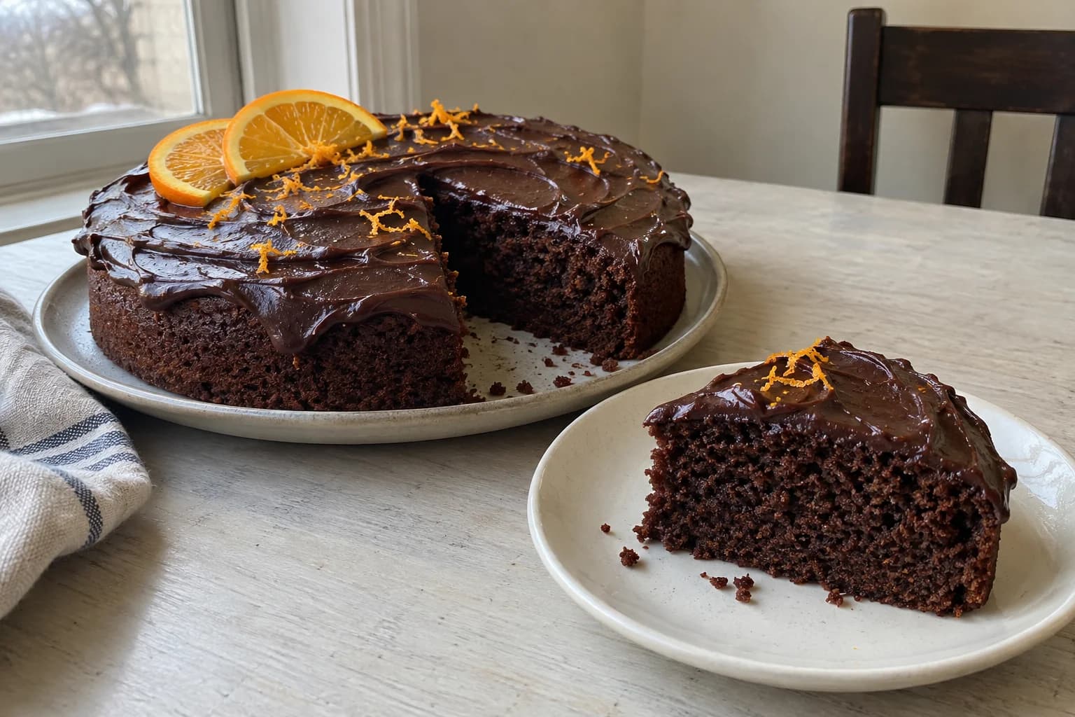 AI illustration of a single-layer chocolate cake with swirled ganache, orange zest and orange slices, with a cut slice showing the dark crumb.