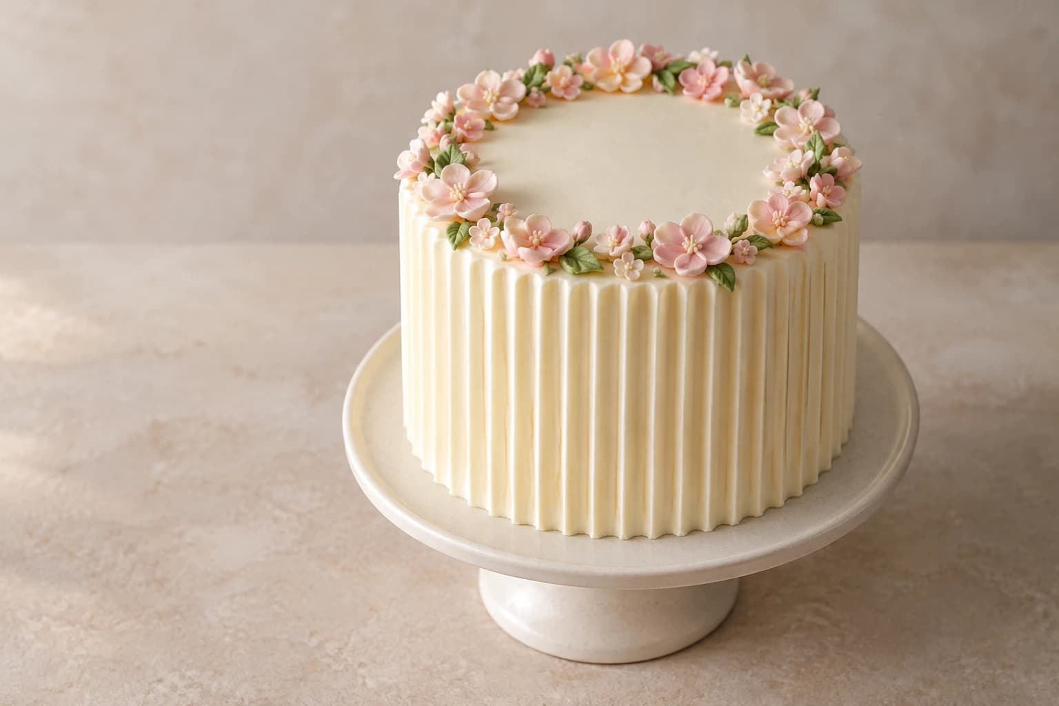 Original concept of a tall ivory cake with fine vertical buttercream pleats and an edible pale pink blossom crown.