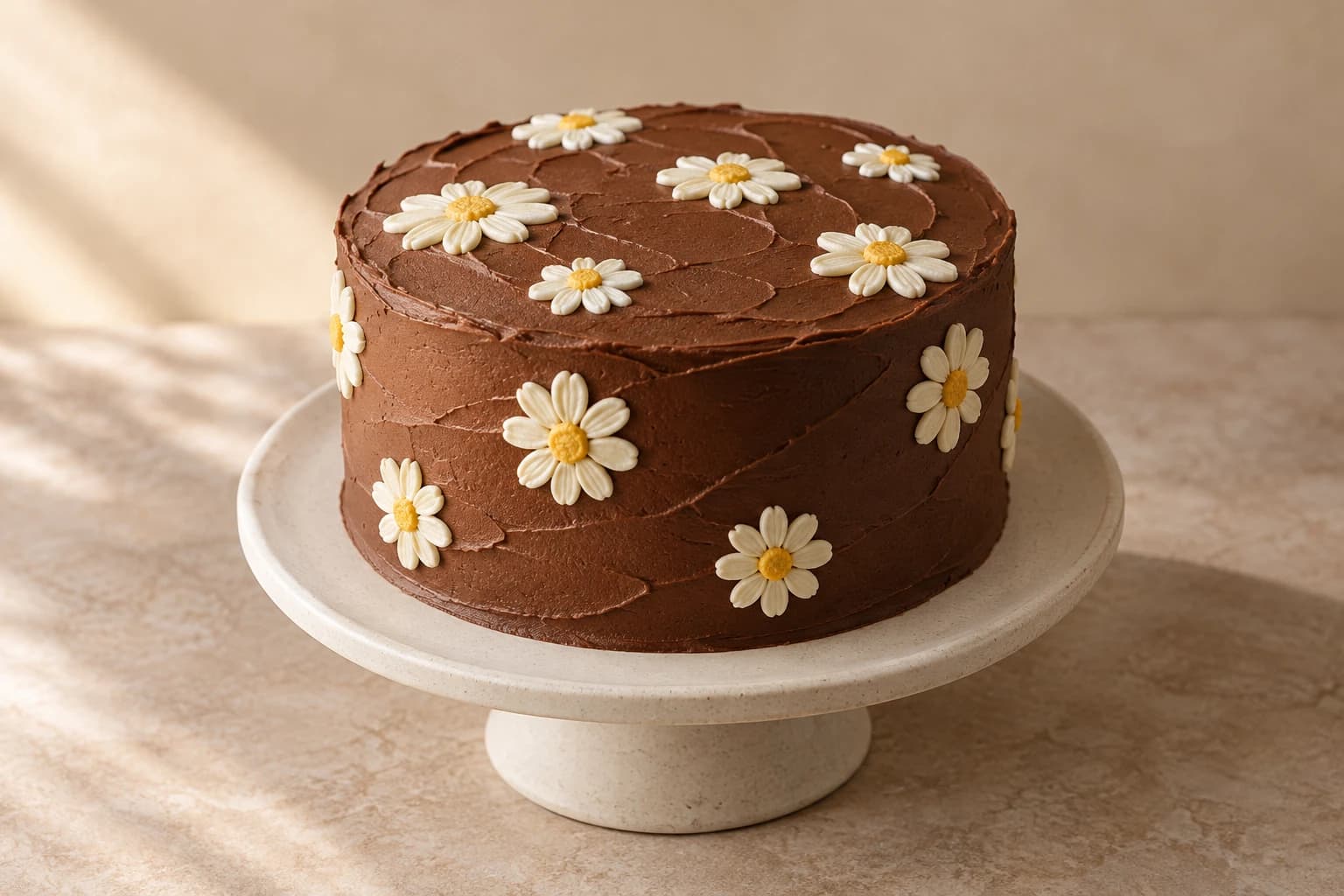 Original concept of a deep chocolate-brown buttercream cake with scattered white daisies and yellow centers.