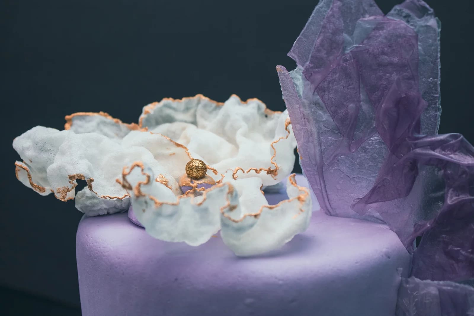 Lavender cake with translucent crystal-like decorative pieces