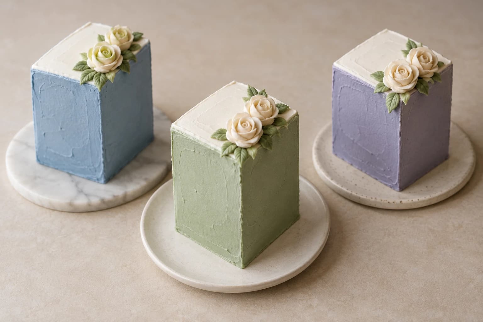 Original concept of three separate tall mini rectangular cakes with dusty blue, sage and slate lavender sides, white tops and cream roses.