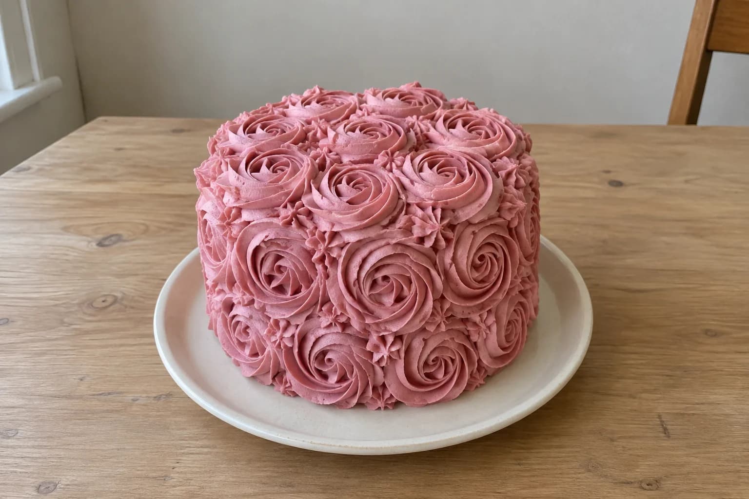 AI illustration of a small pink cake covered with buttercream rosette spirals, sitting on an ivory plate on a wooden kitchen table.