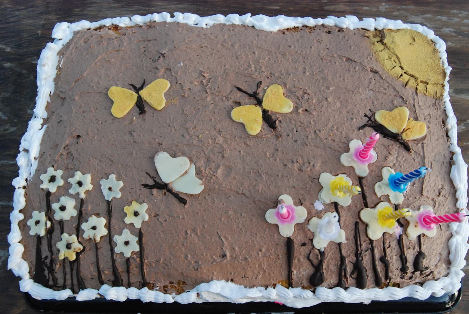 A rectangular chocolate cake with butterfly and flower decorations