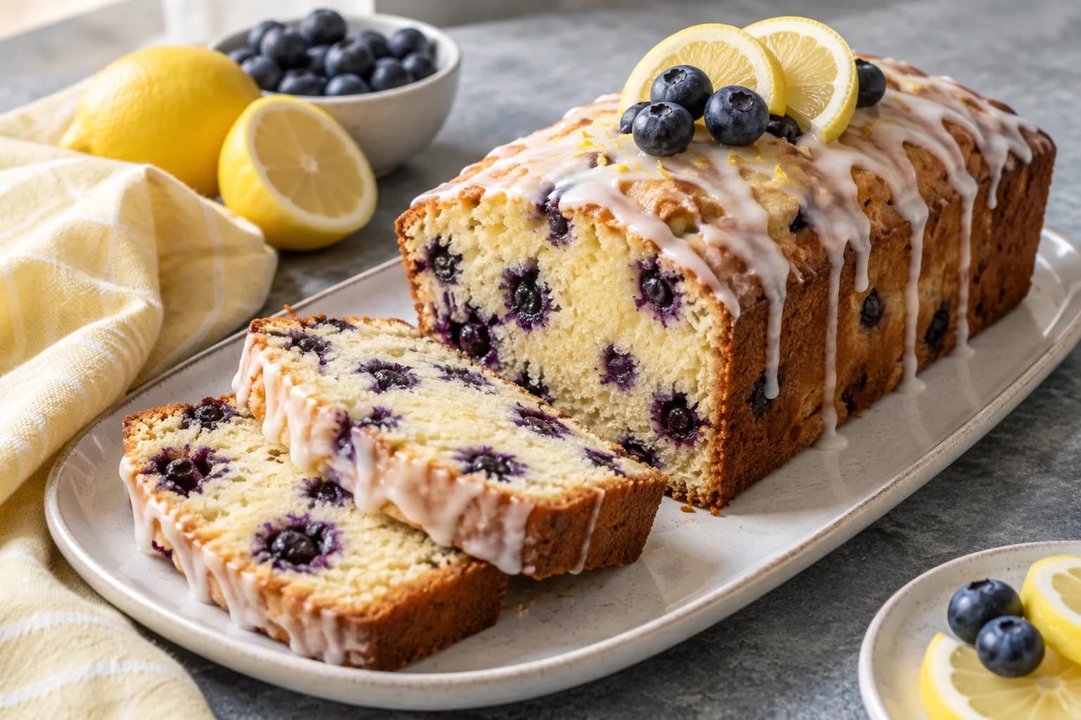 AI illustration of a glazed lemon blueberry loaf with two cut slices showing blueberries in a pale yellow crumb, topped with fresh berries and lemon slices.