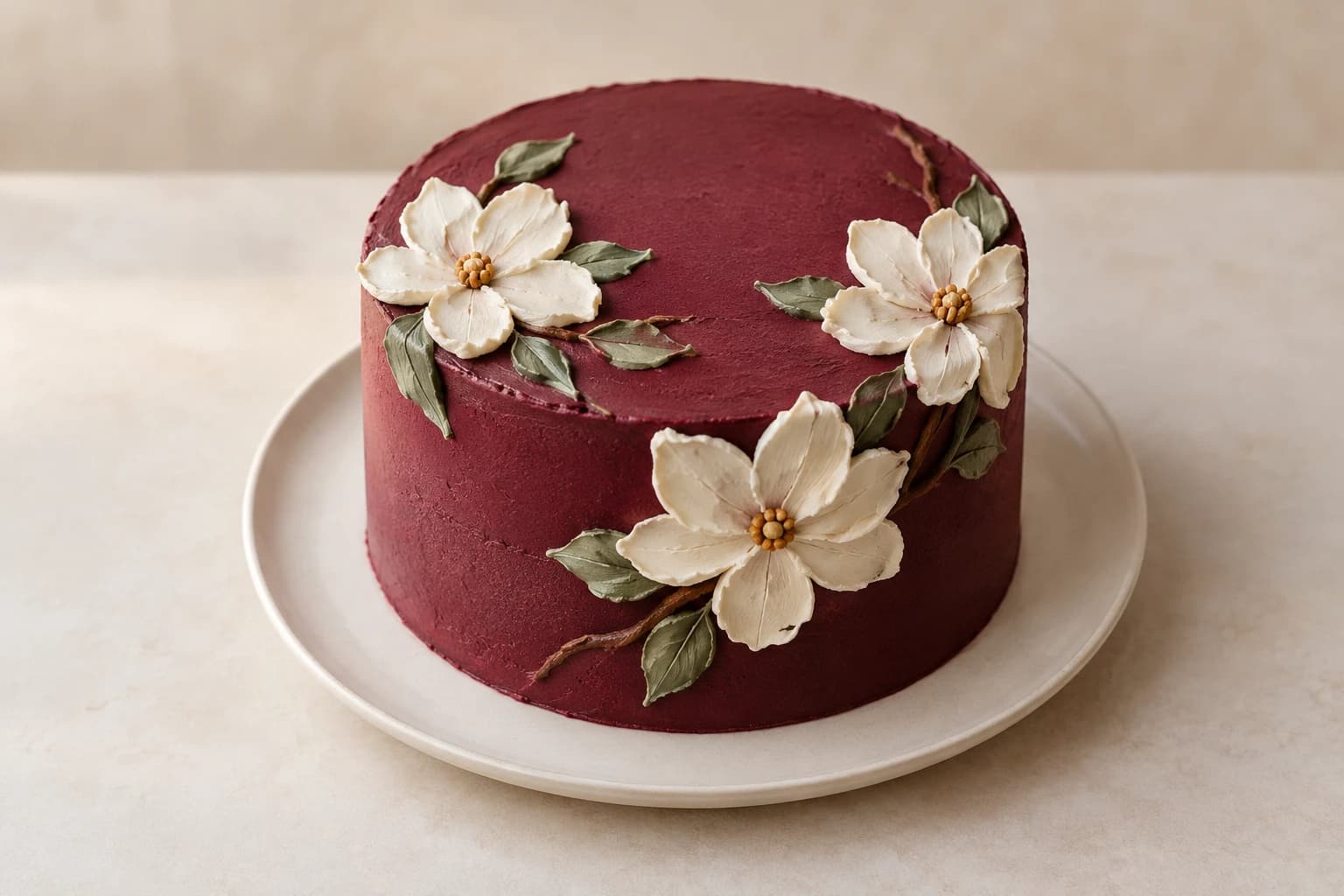 AI-generated concept of a round burgundy cake with three ivory palette-knife blossoms, muted green leaves and brown frosting stems on an ivory plate.
