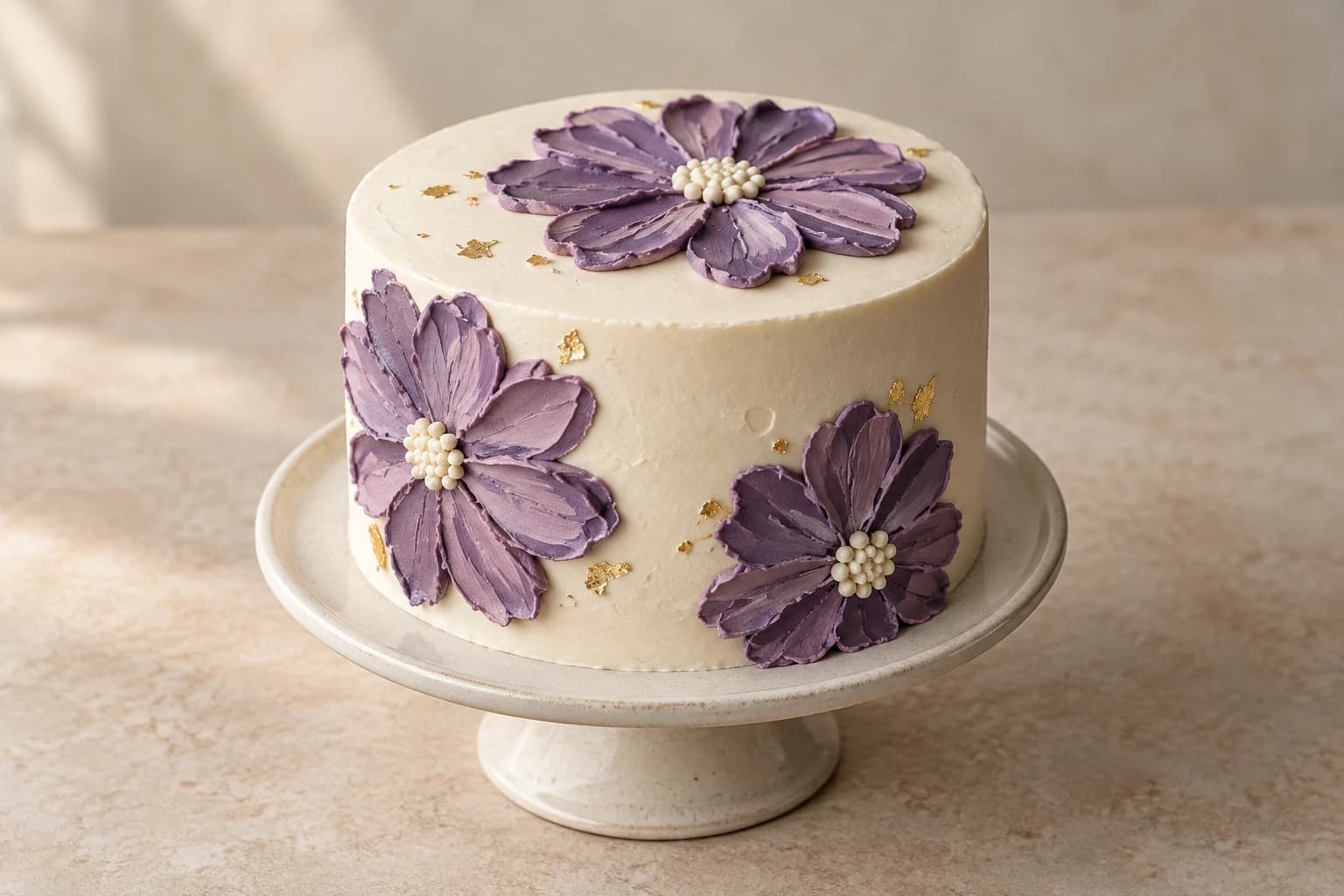Original concept of an ivory round cake with large sculpted purple buttercream flowers and sparse edible gold accents.