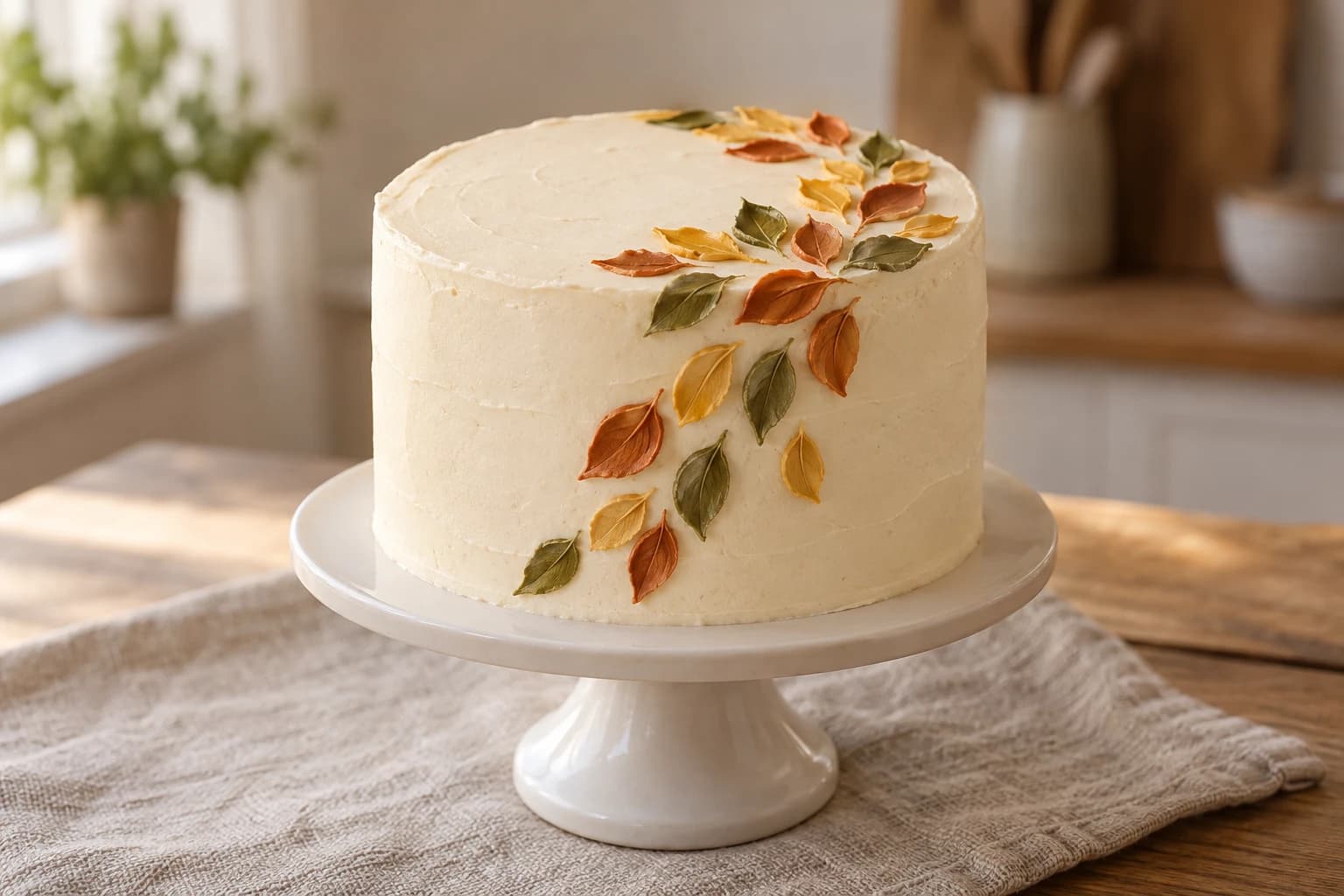 Ivory round cake with a crescent of rust, mustard and olive buttercream leaf swipes across the top and down one side.