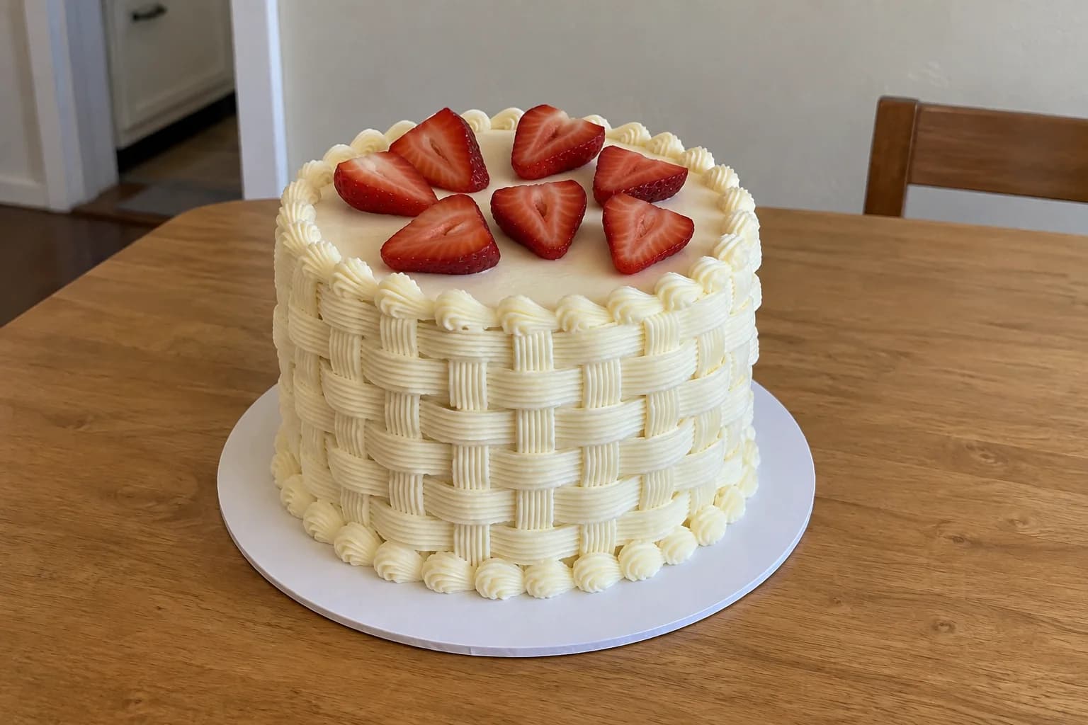 AI illustration of an ivory buttercream basketweave cake with shell borders and strawberry halves on top, sitting on a white cake board.