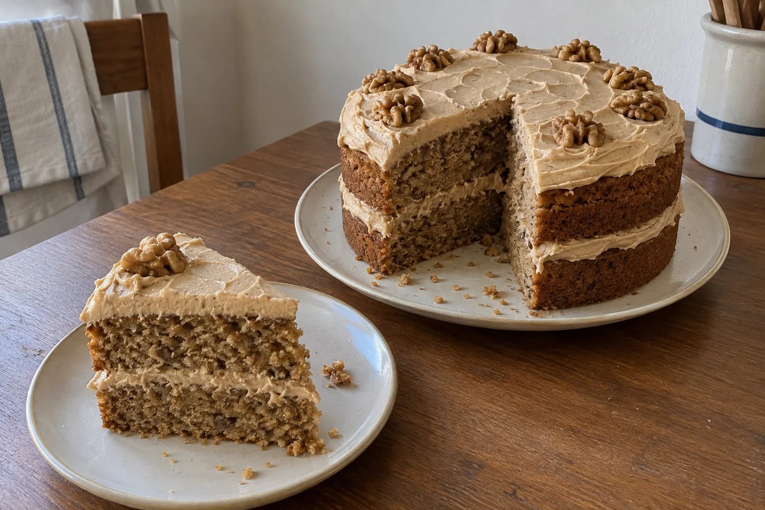 AI illustration of a two-layer coffee walnut cake with tan buttercream and walnut halves, with one slice showing the sponge and filling.