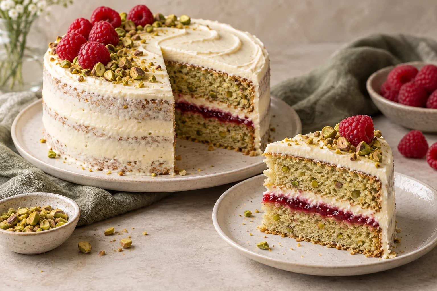 AI illustration of a small two-layer pistachio cake with raspberry jam, thin ivory frosting and a crescent of pistachios and raspberries; one slice is cut.