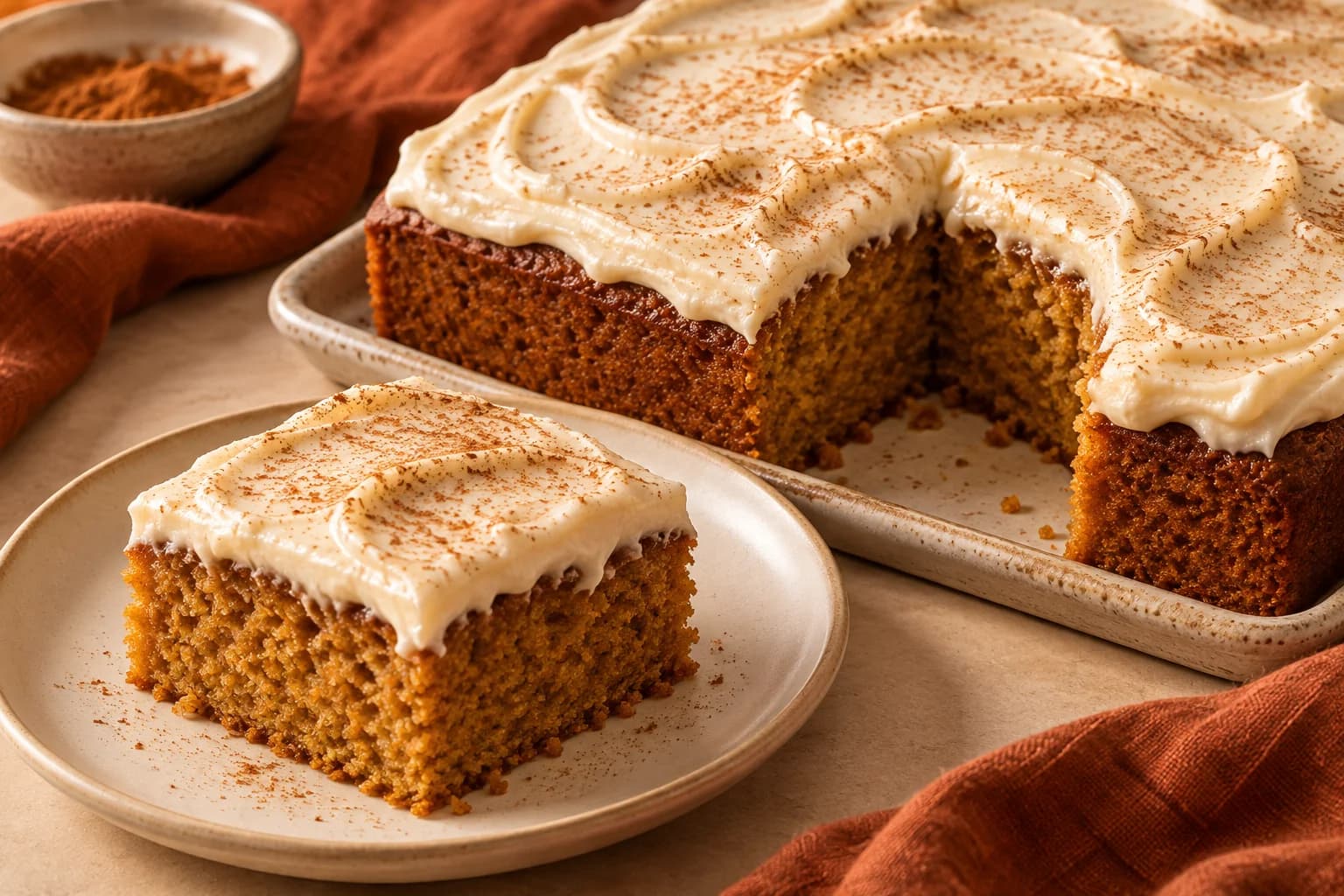 AI illustration of a square pumpkin cake and a cut slice with orange-brown crumb, ivory maple frosting in broad swirls and a light cinnamon dusting.