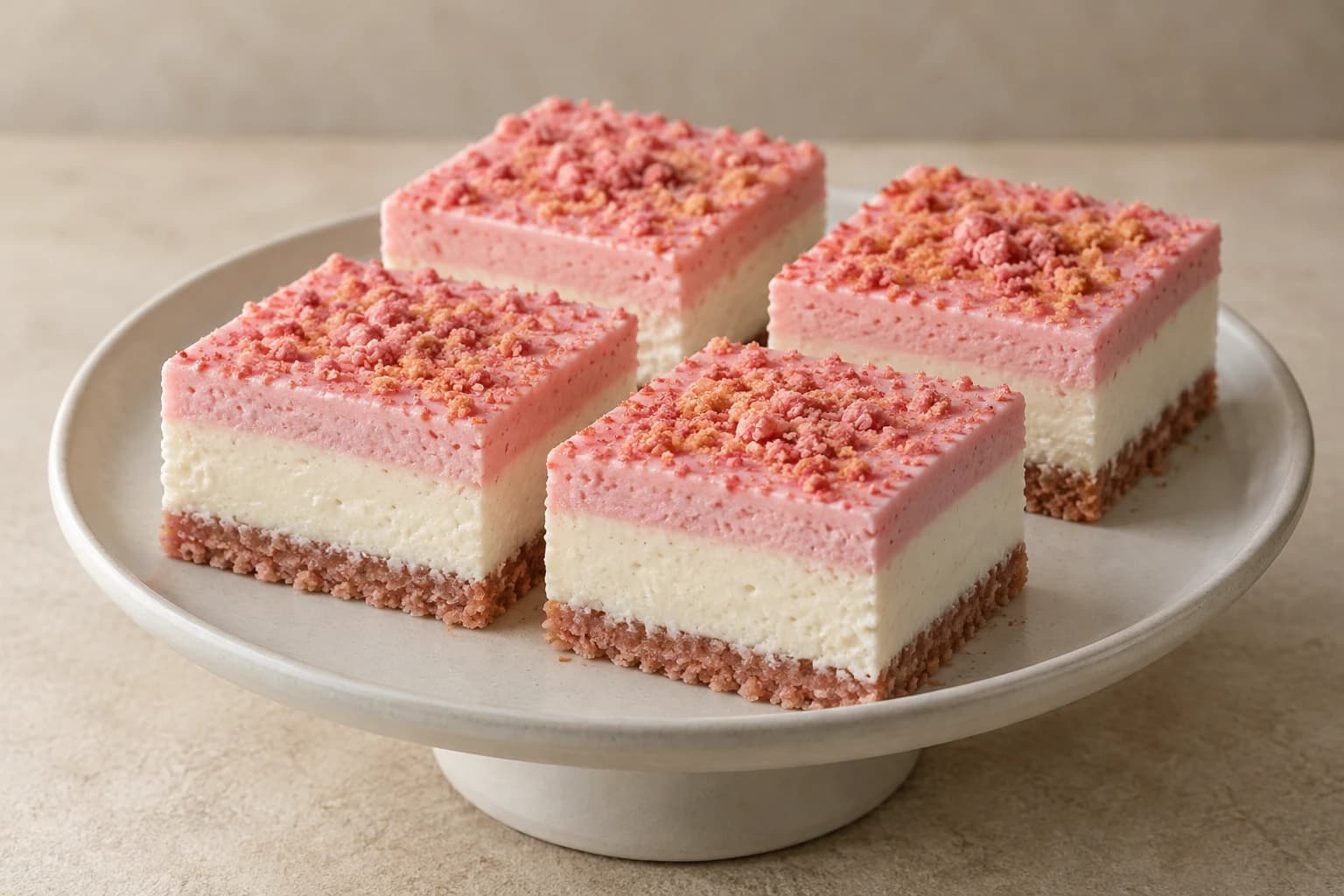 Original concept of four square cheesecake bars with thin pink crumb bases, ivory middles, pink tops and fine biscuit crumbs.