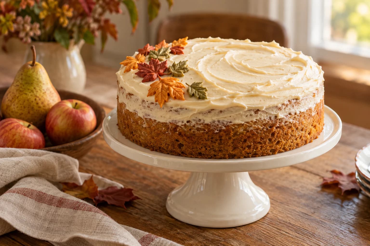 A golden pumpkin cake with swirled cream frosting and autumn buttercream leaves sits on a ceramic stand beside apples and a pear on a sunlit wooden table.