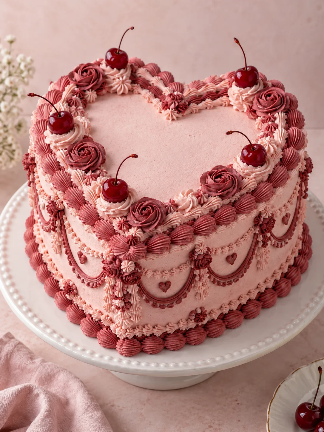 Pink vintage heart cake with buttercream piping and cherries