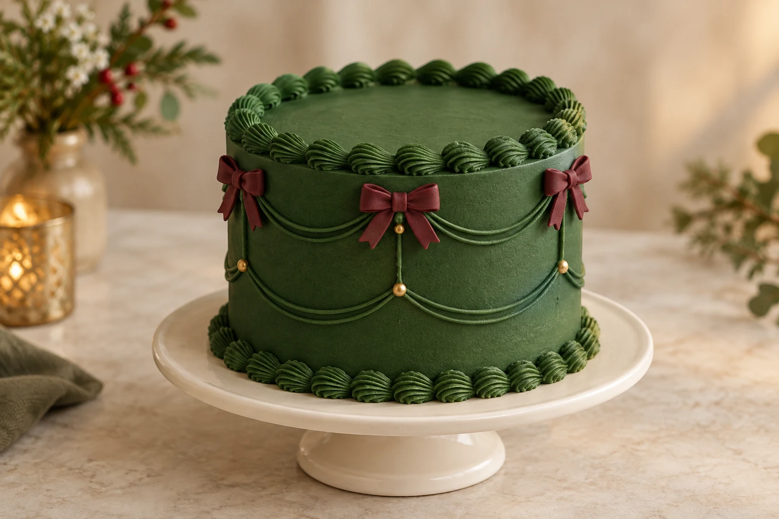 AI-generated concept of a single forest-green cylinder cake with matching shell borders, two swag rows, gold sugar pearls and burgundy modeled bows.