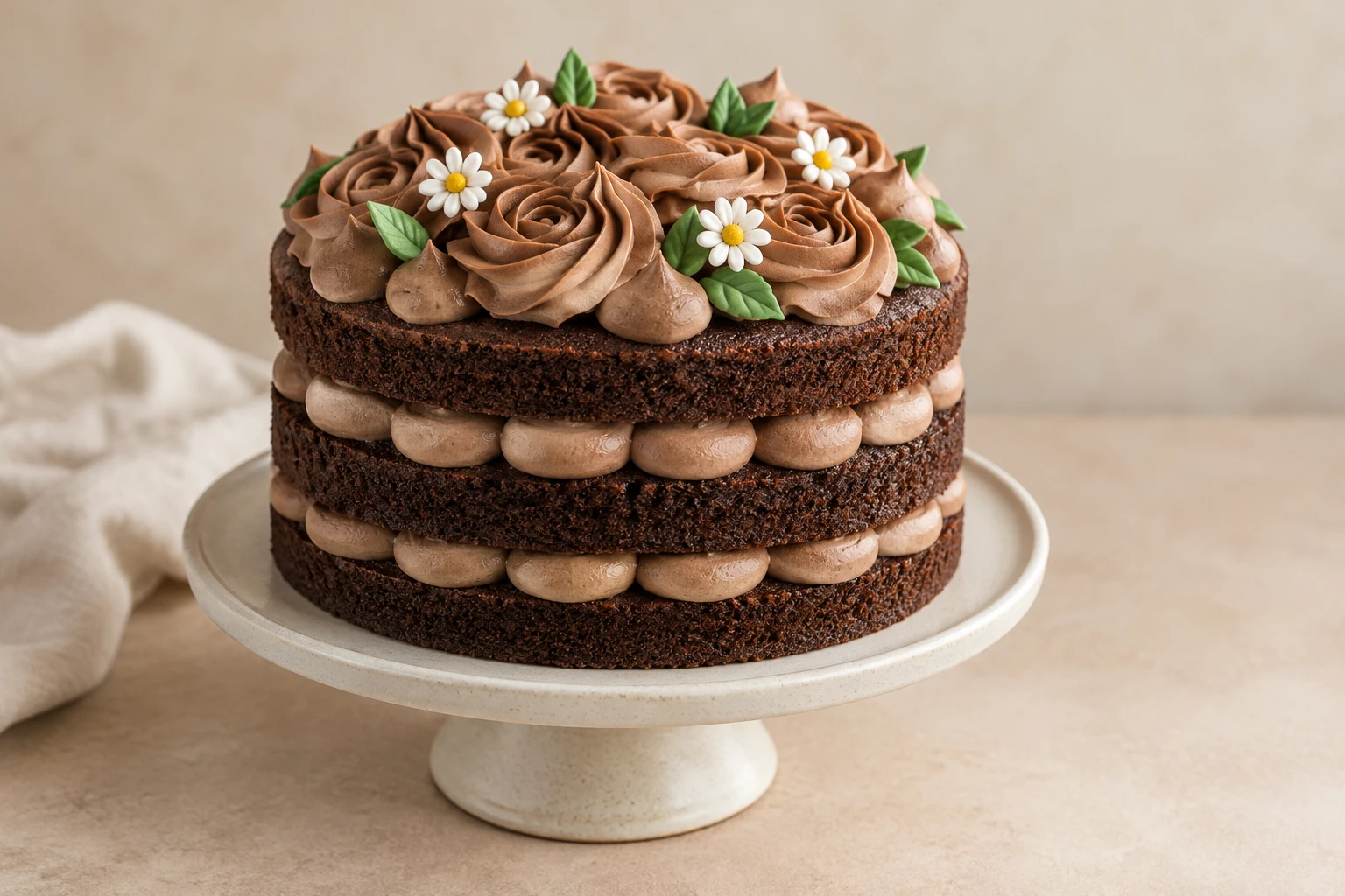 Original concept of three exposed chocolate cake layers with light cocoa frosting dollops and edible daisy decorations.