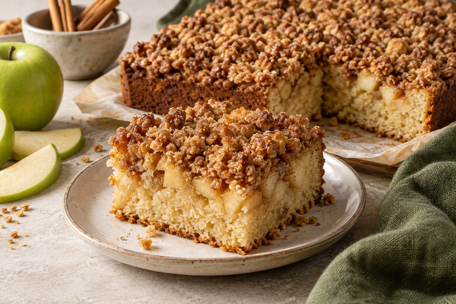 AI illustration of a square apple crumble cake and a cut piece showing tender apple chunks beneath a golden cinnamon streusel top, with no frosting.
