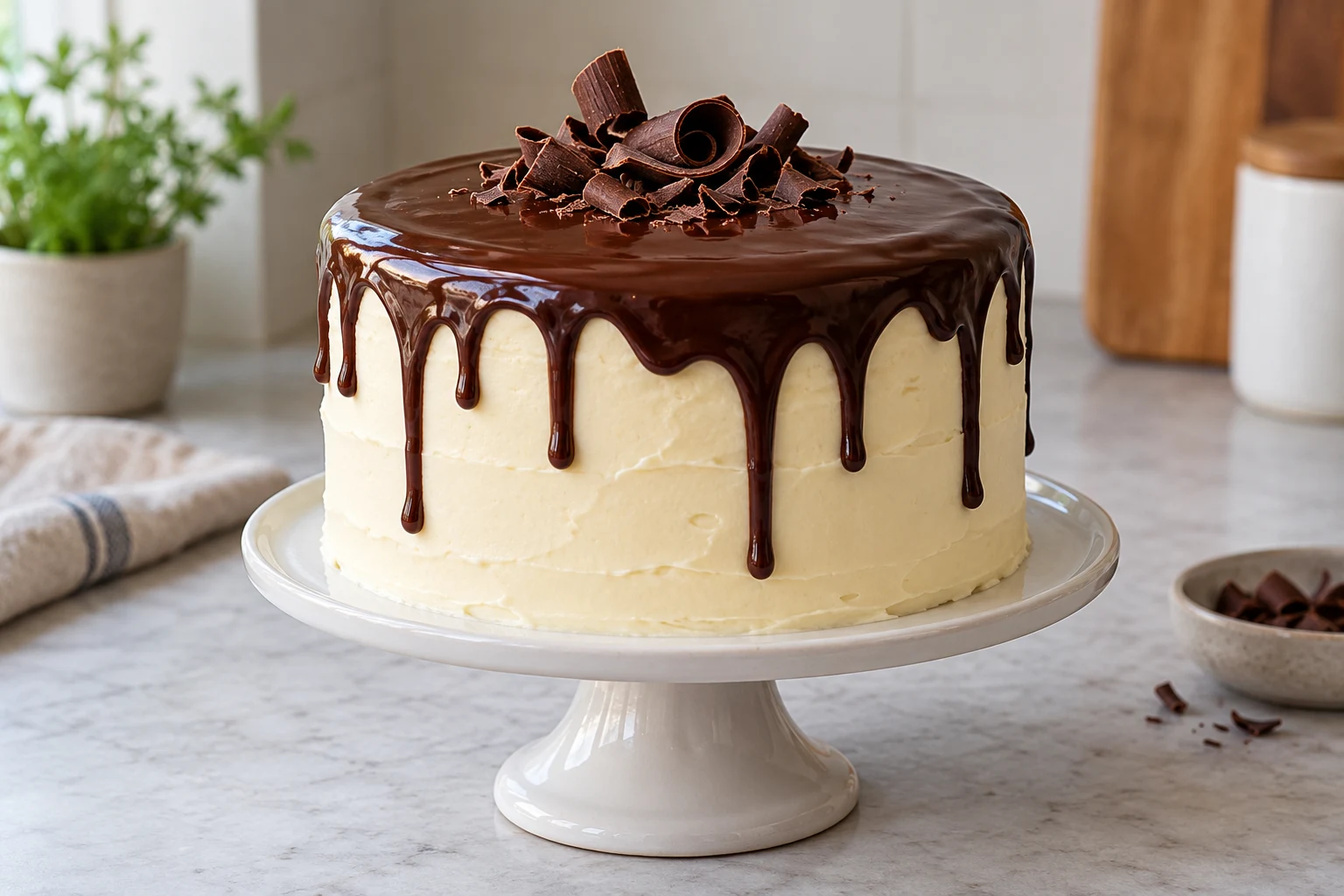 An ivory buttercream cake with glossy dark chocolate drips and chocolate curls sits on a white ceramic stand in a softly lit neutral kitchen.