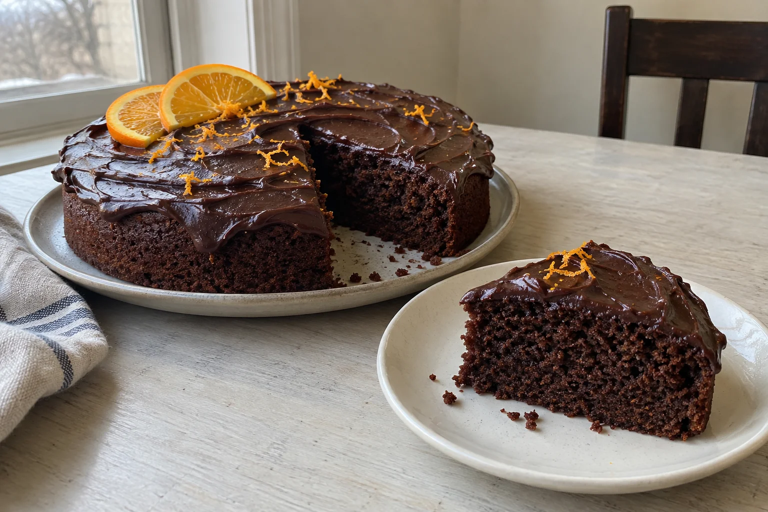 AI illustration of a single-layer chocolate cake with swirled ganache, orange zest and orange slices, with a cut slice showing the dark crumb.