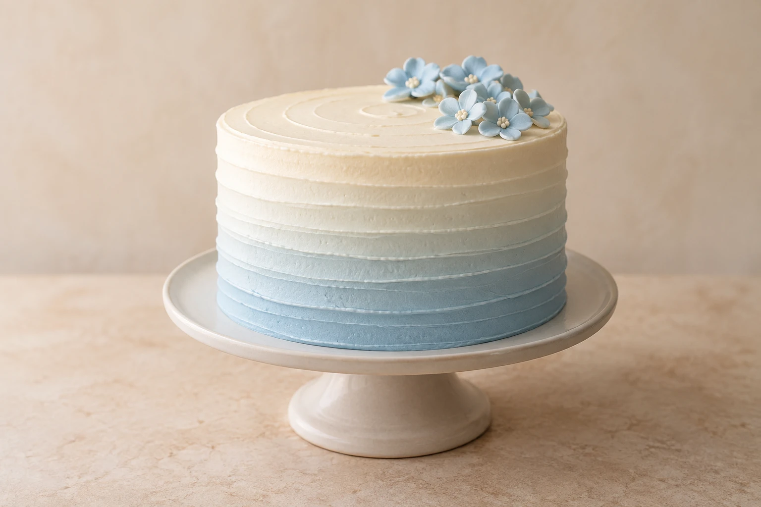 Original concept of a round powder-blue-to-ivory ombré cake with horizontal frosting bands and a small pale blue blossom cluster.