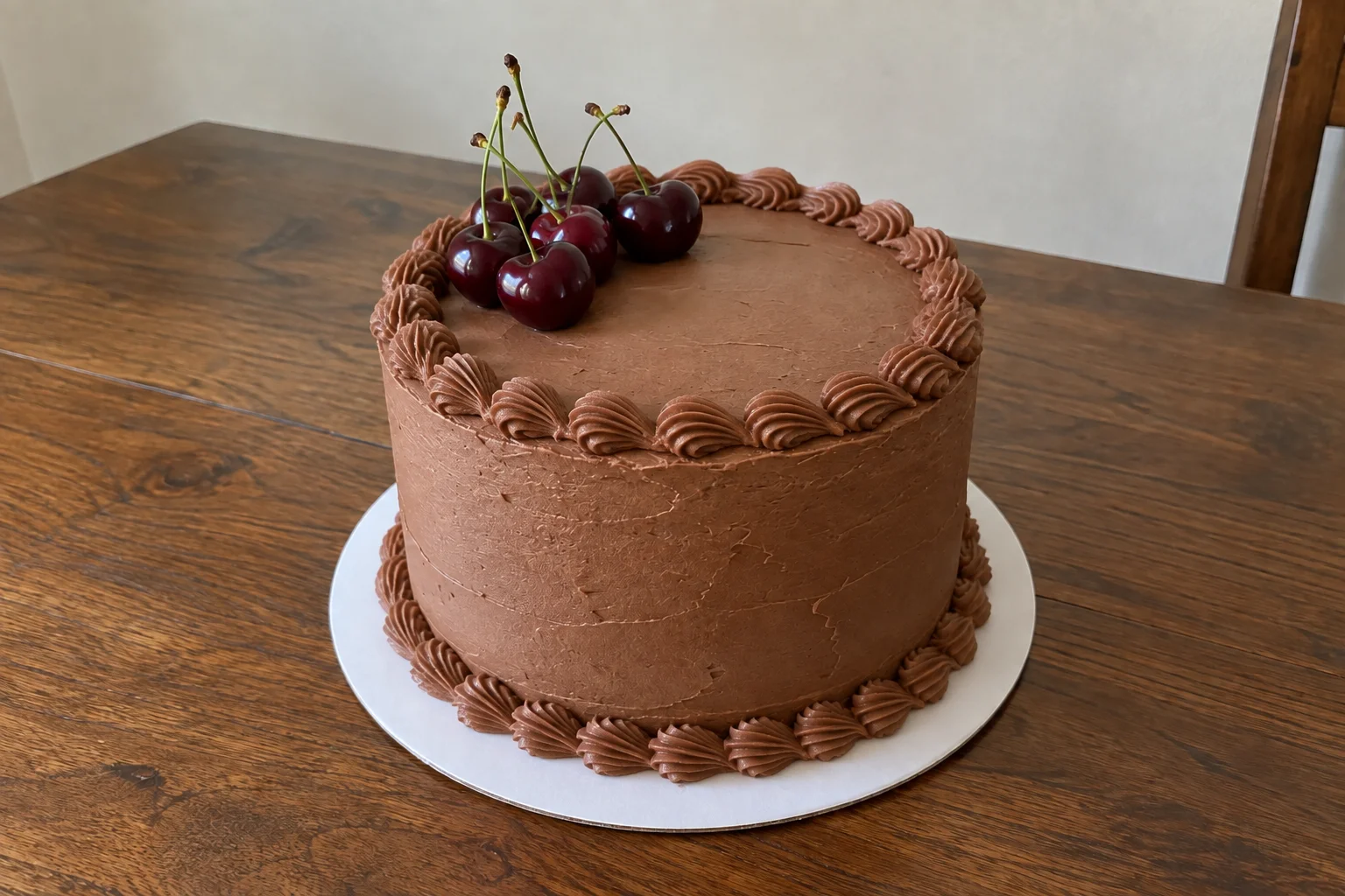 AI illustration of a chocolate cake with piped shell borders around the top and base, finished with dark cherries on a white board.