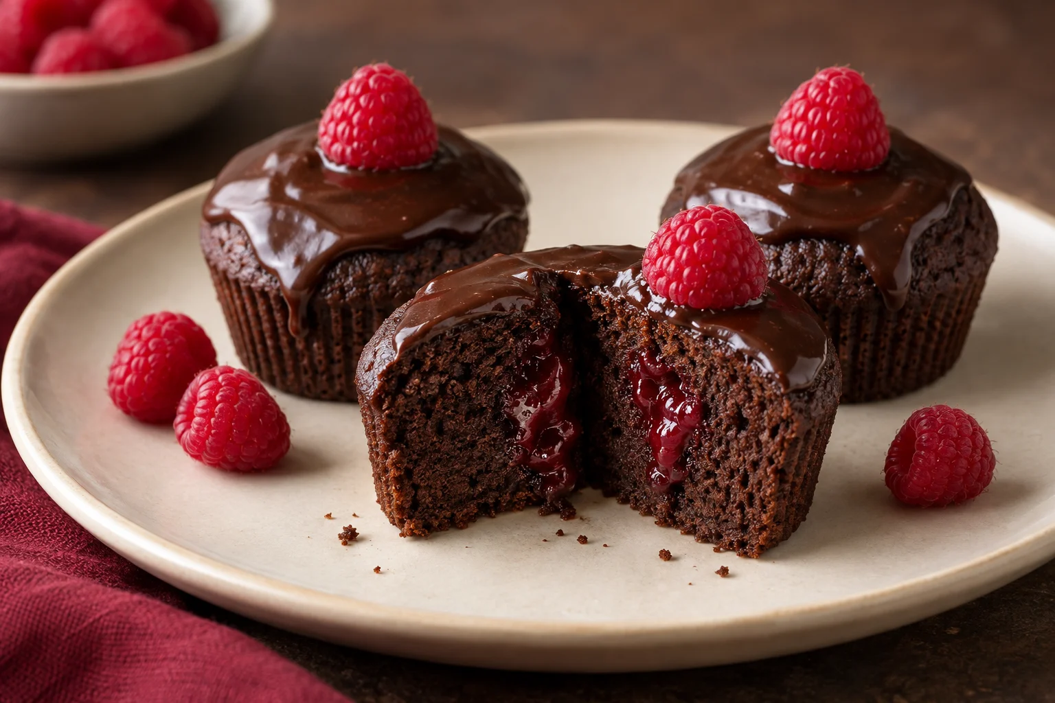 AI illustration of small chocolate cakes with glossy ganache and raspberries, including a cut cake showing a raspberry jam centre.