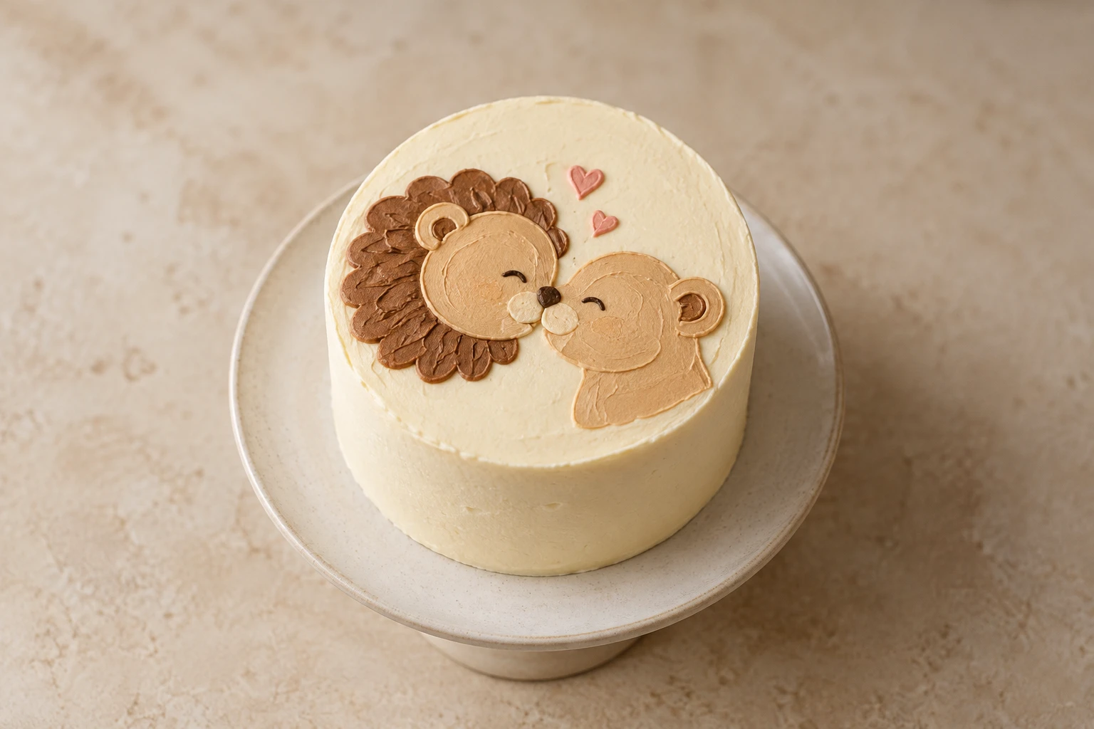 Original concept of a small ivory bento cake with an affectionate original lion couple illustration and two pink buttercream hearts.
