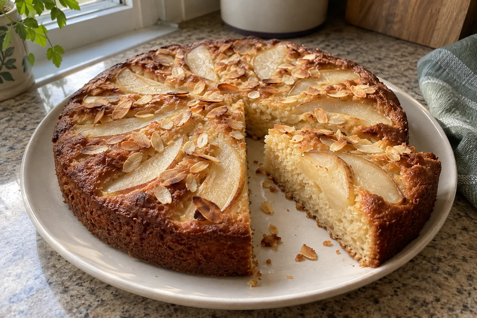 AI illustration of a golden pear almond cake with pear wedges and toasted flaked almonds, with a slice removed to show the pale almond crumb.
