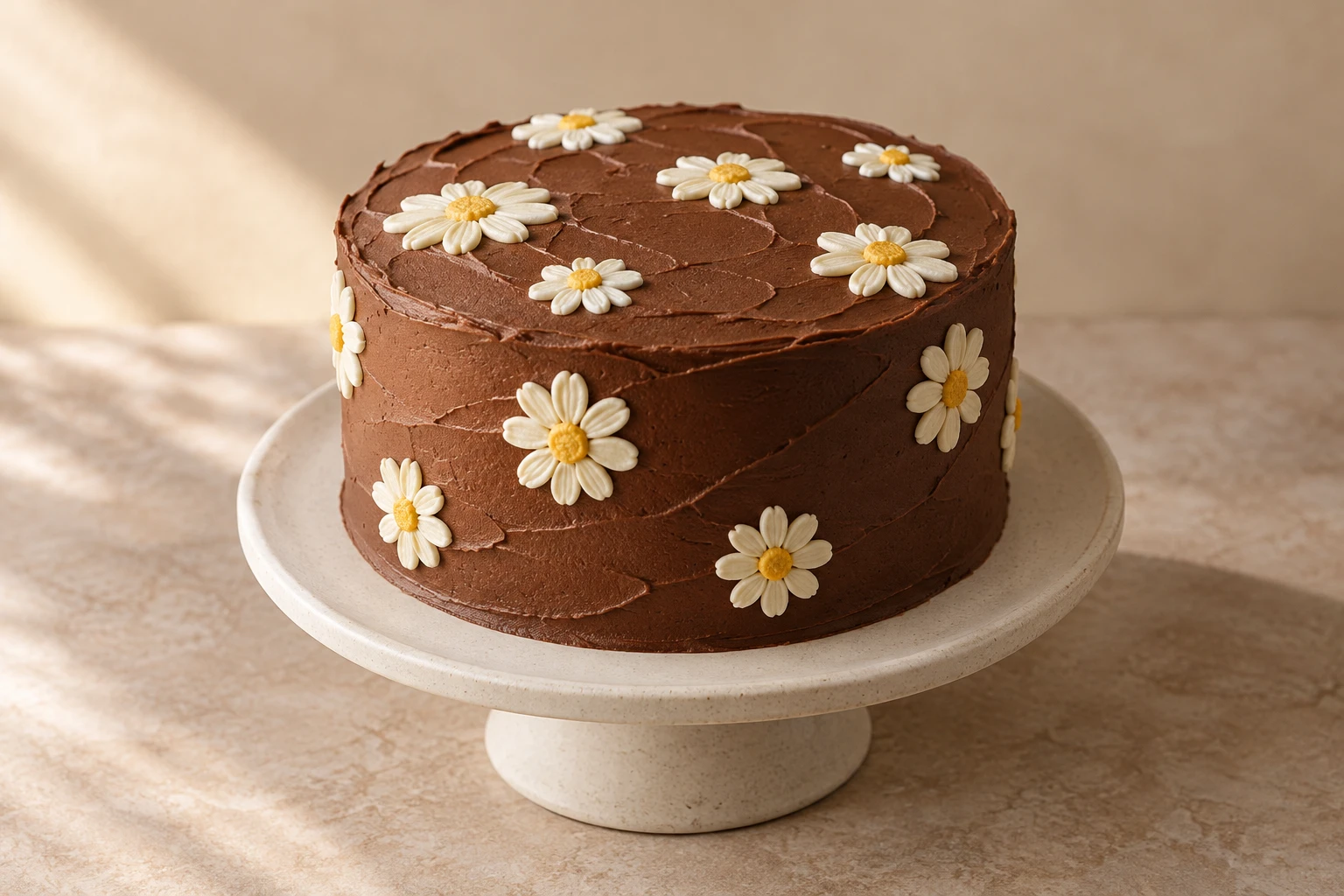Original concept of a deep chocolate-brown buttercream cake with scattered white daisies and yellow centers.