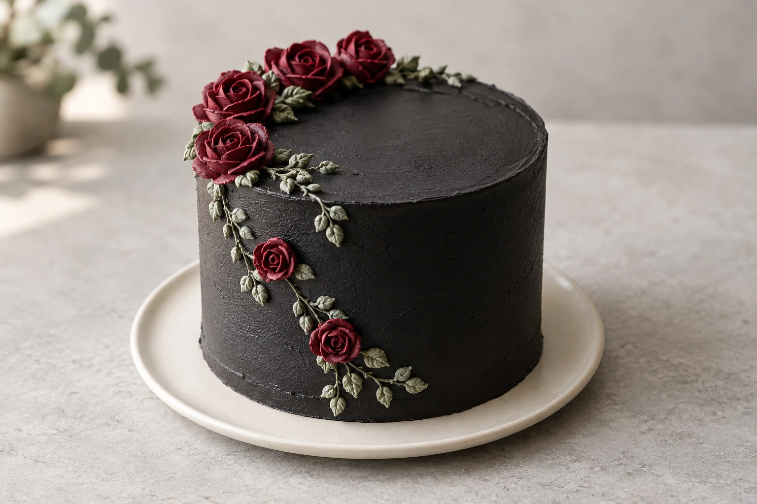 AI-generated concept of a single black cylinder cake with burgundy buttercream roses along the rim and front side, fine gray-green vines and small lobed leaves.