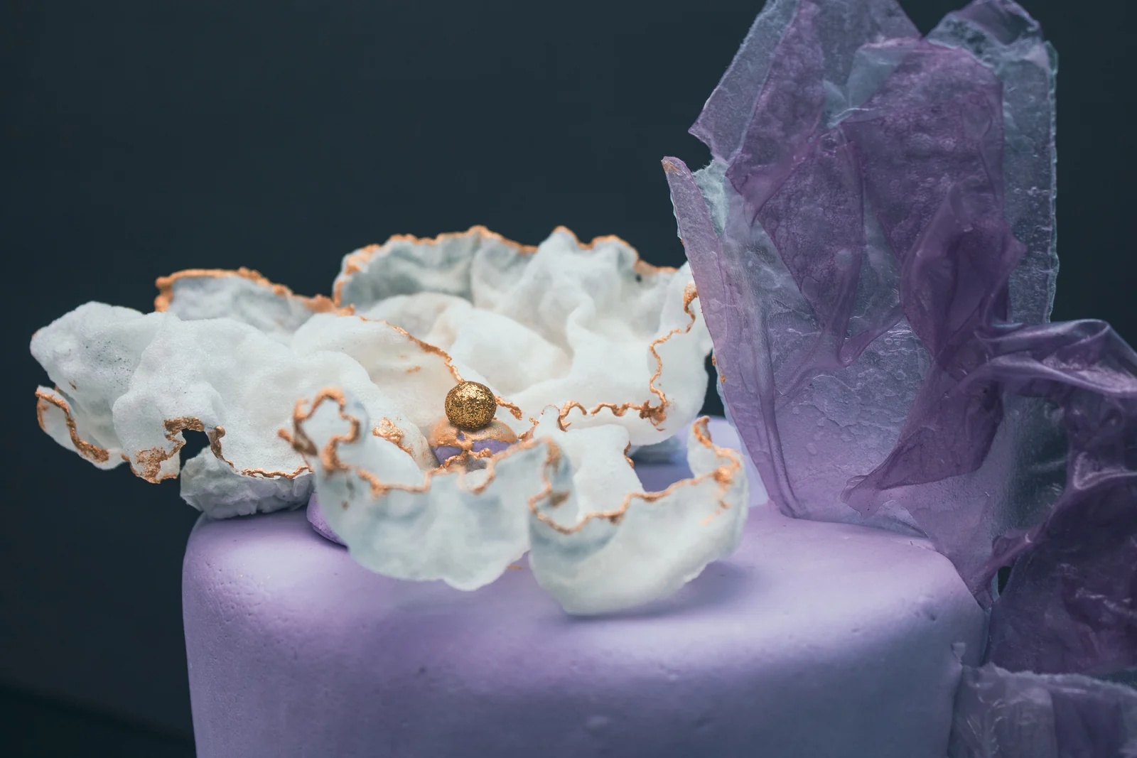 Lavender cake with translucent crystal-like decorative pieces