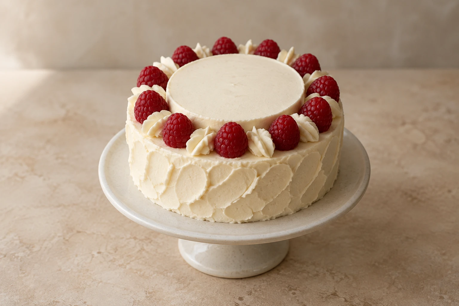 Original concept of a low ivory cake with a shallow central cake disk, raspberries around its ledge and ivory buttercream leaves.
