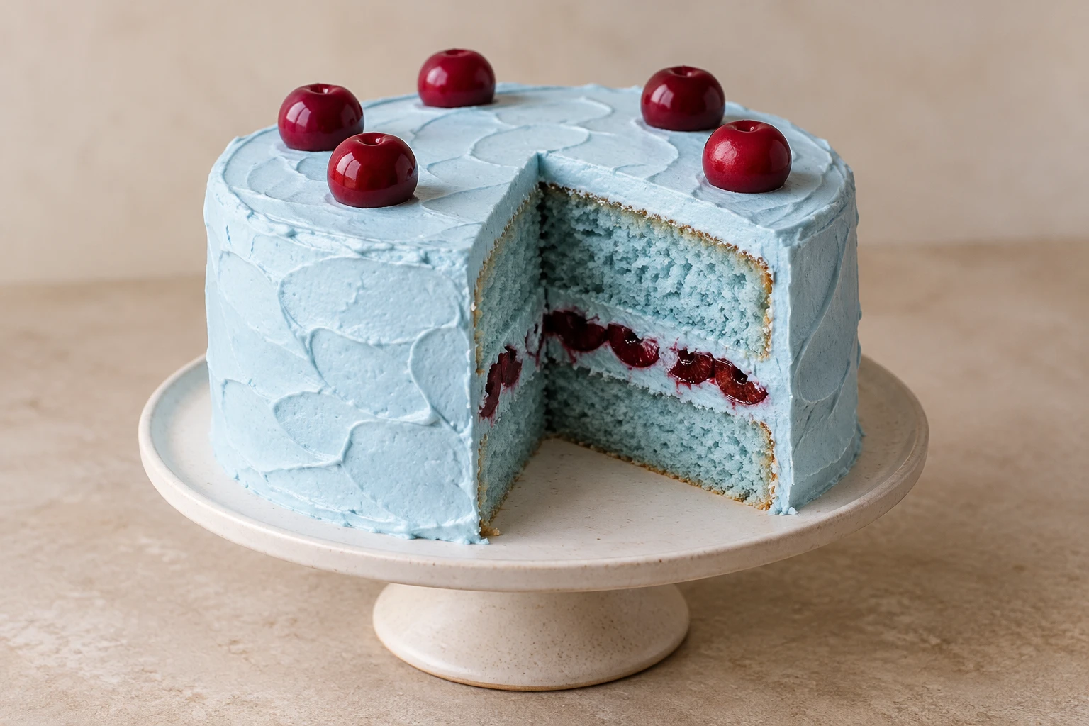 Original concept of a blue vanilla layer cake with pale blue filling, visible halved red cherries and a small cherry topping.