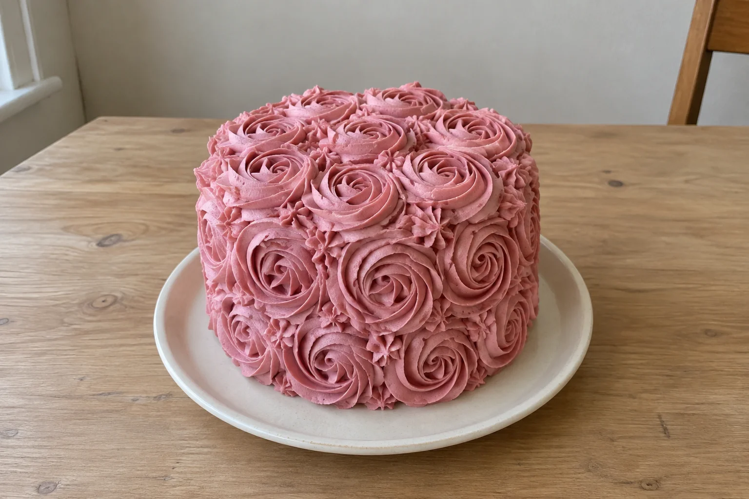 AI illustration of a small pink cake covered with buttercream rosette spirals, sitting on an ivory plate on a wooden kitchen table.