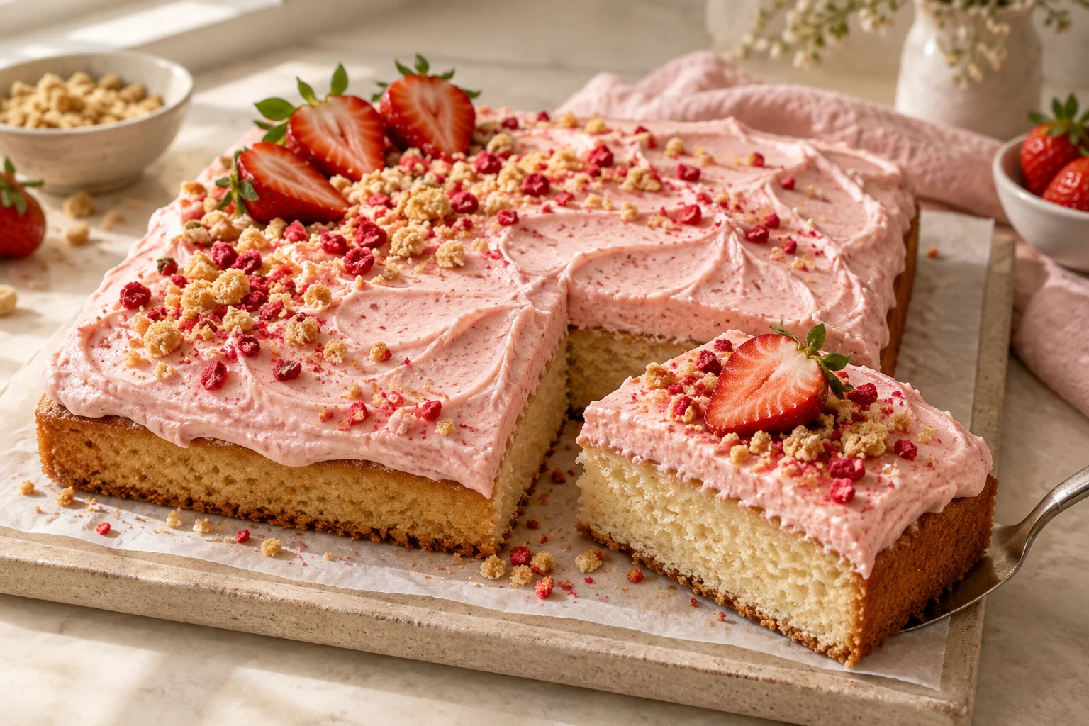 AI illustration of a vanilla sheet cake with pink strawberry frosting, biscuit crunch and fresh strawberry halves, with one slice cut from the corner.