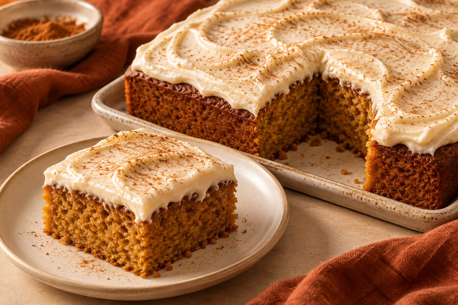 AI illustration of a square pumpkin cake and a cut slice with orange-brown crumb, ivory maple frosting in broad swirls and a light cinnamon dusting.