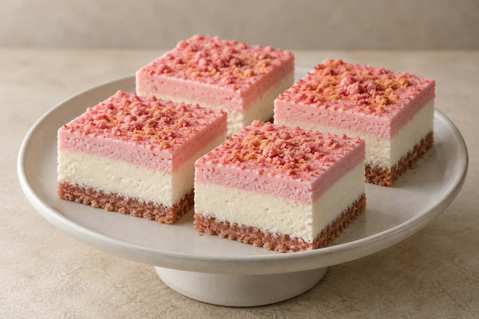 Original concept of four square cheesecake bars with thin pink crumb bases, ivory middles, pink tops and fine biscuit crumbs.