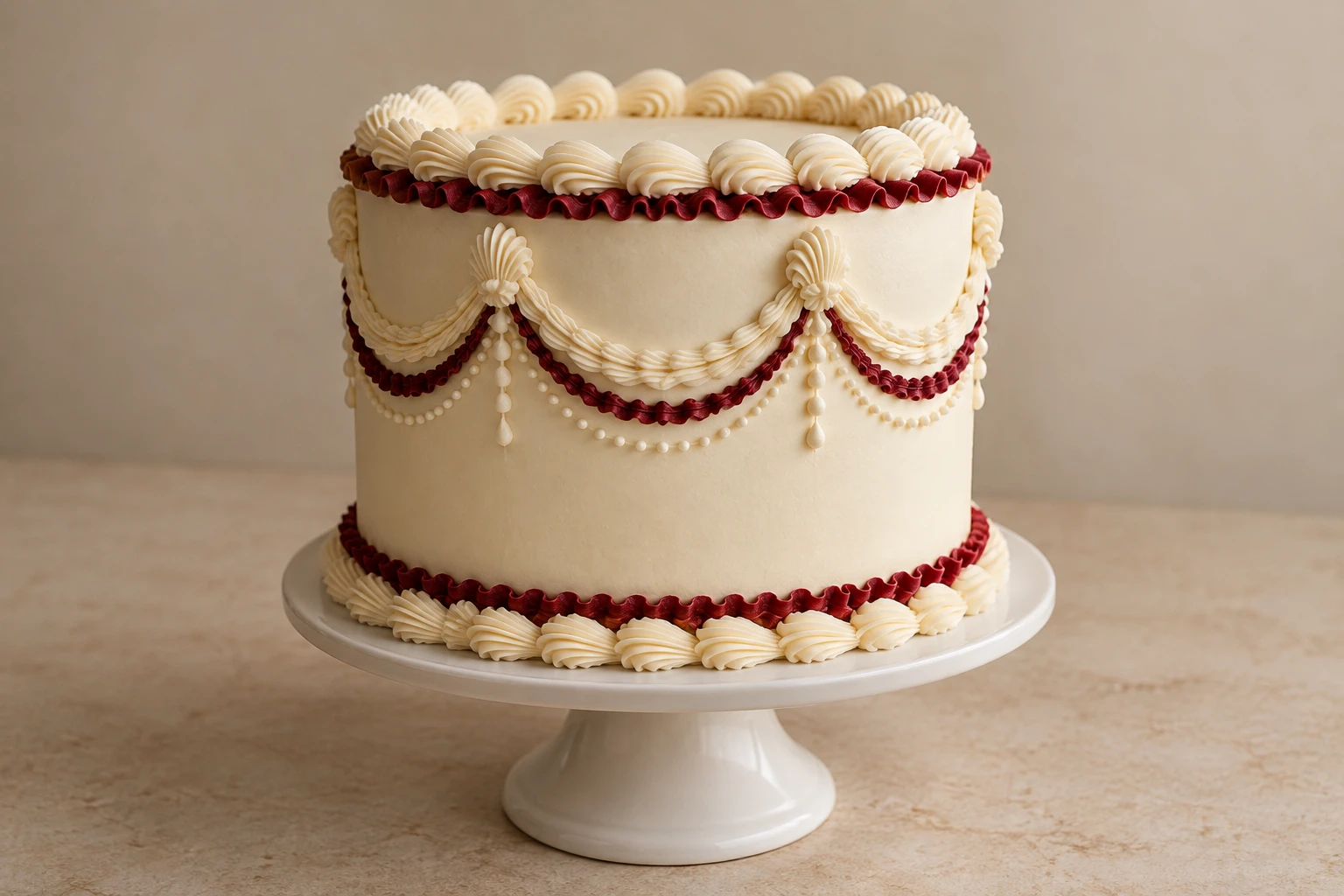 Original concept of a single tall ivory round cake with burgundy ruffles, hanging swags, ivory shells and small bead chains.