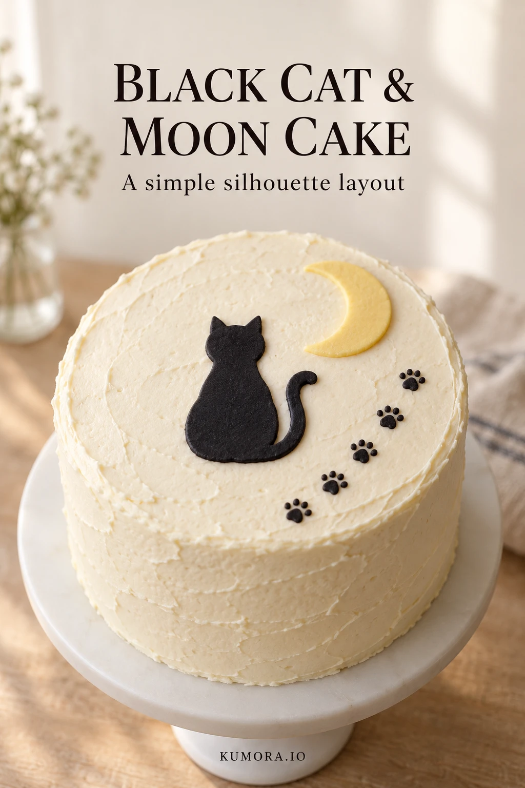 AI concept of an ivory cake with a flat black cat, yellow crescent moon and tiny black paw prints, with a Black Cat and Moon Cake title.