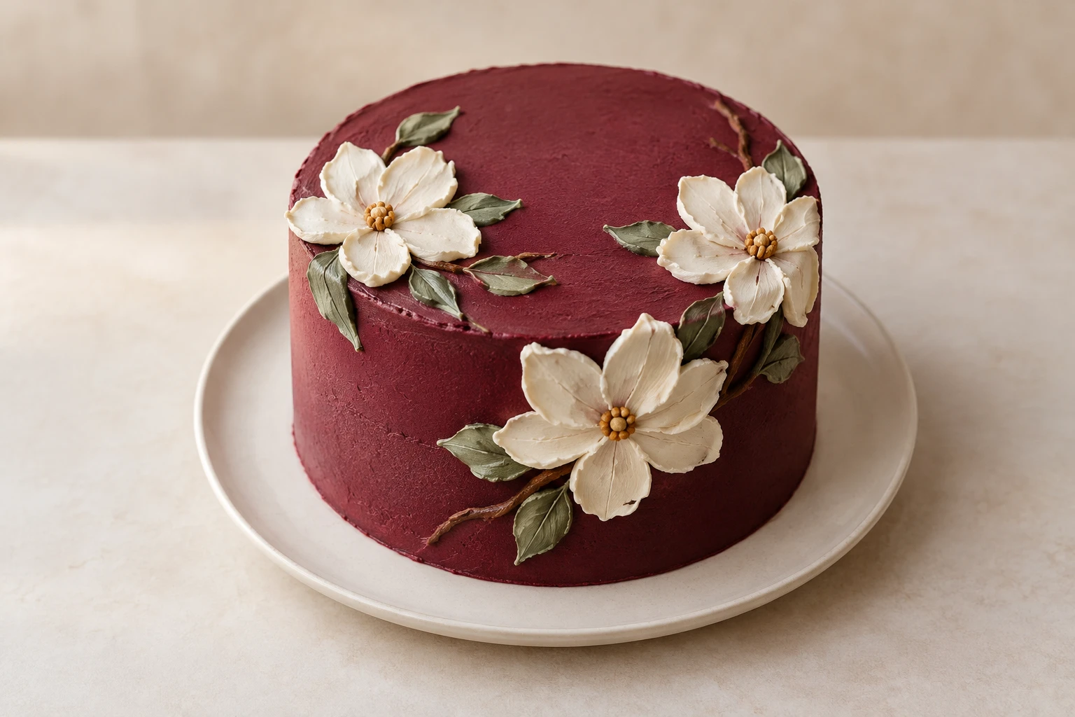 AI-generated concept of a round burgundy cake with three ivory palette-knife blossoms, muted green leaves and brown frosting stems on an ivory plate.