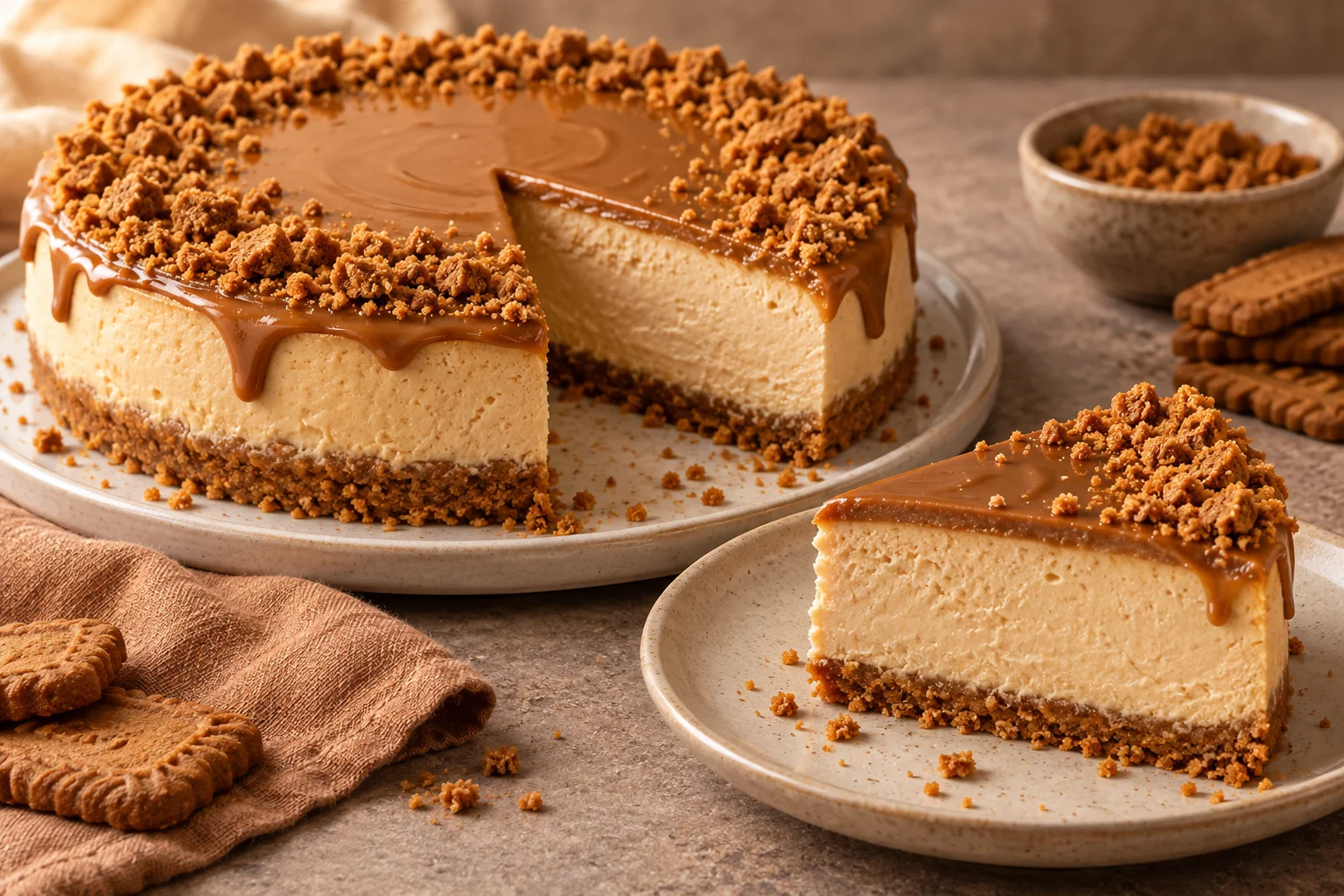 AI illustration of a caramel-coloured Biscoff cheesecake with a biscuit base, glossy cookie butter topping and crumb border, with one wedge on a plate.